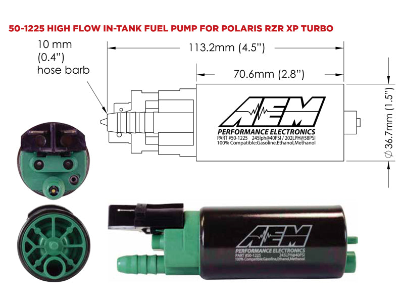 HIGH FLOW FUEL PUMPS 50-1225 E85 Compatible 2016-up Polaris RZR Turbo Fuel Pump - Twice the Flow, 44% More Pressure